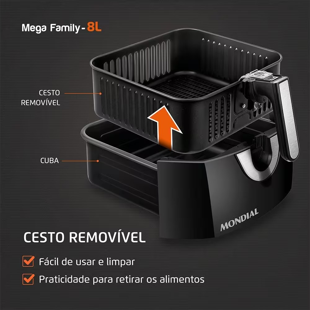 Fritadeira Elétrica Sem Óleo Air Fryer Mondial Mega Family AFN-80-BI 8L – Preta/Inox
