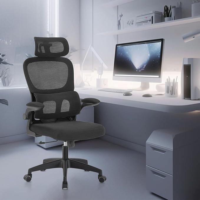 Cadeira de escritório, design ergonômico com suporte lombar independente, malha respirável e encosto de cabeça ajustável