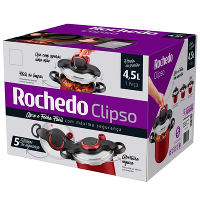 Panela de Pressão 4,5 L Rochedo Clipso Fechamento Externo em Alumínio com Revestimento Antiaderente e 5 Sistemas de Segurança - Vermelha