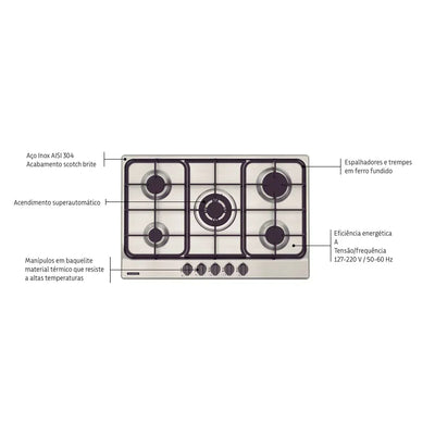 Cooktop a Gás Tramontina Penta FF 5GX Tri 75 em Aço Inox e Trempes em Ferro Fundido com Acendimento Superautomático 5 Queimadores