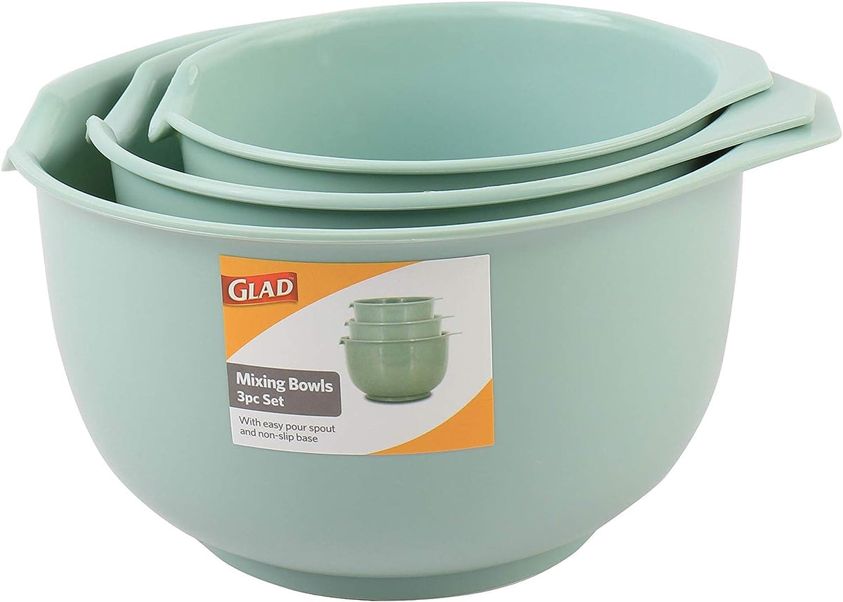 Tigelas Glad de mistura com bico de despejo, conjunto de 3 | Design de encaixe poupa espaço | Antiderrapante, livre de BPA, pode ir à lava-louças | Utensílios de cozinha e assar, Verde