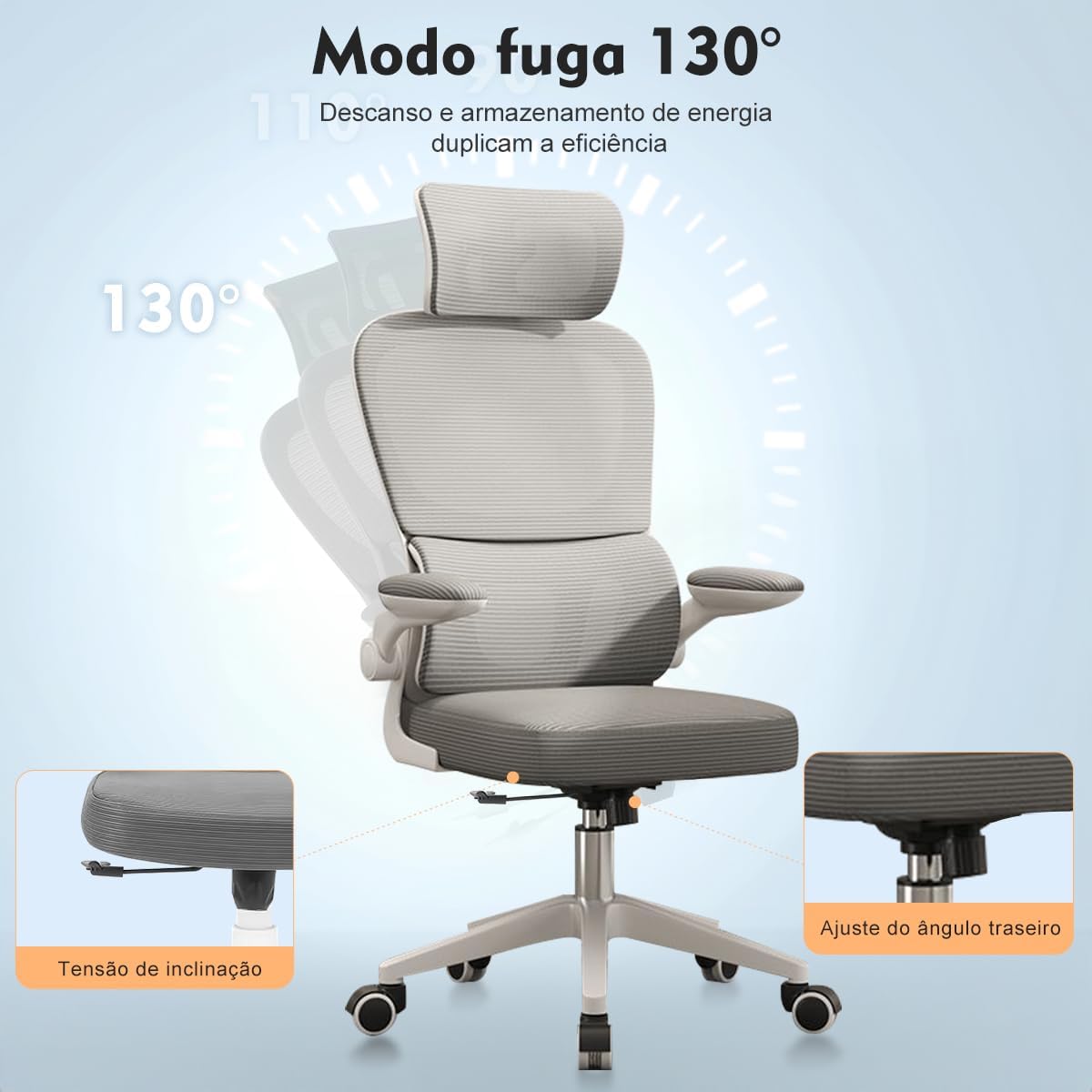 Cadeira de escritório, design ergonômico com suporte lombar independente, malha respirável e encosto de cabeça ajustável