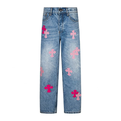 Calça Jeans Chrome Hearts Patches Cross Pink